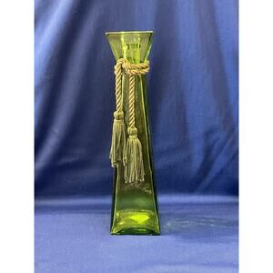 Square Thick Green Glass Bud Vase With Tassel Wrap Made in Spain